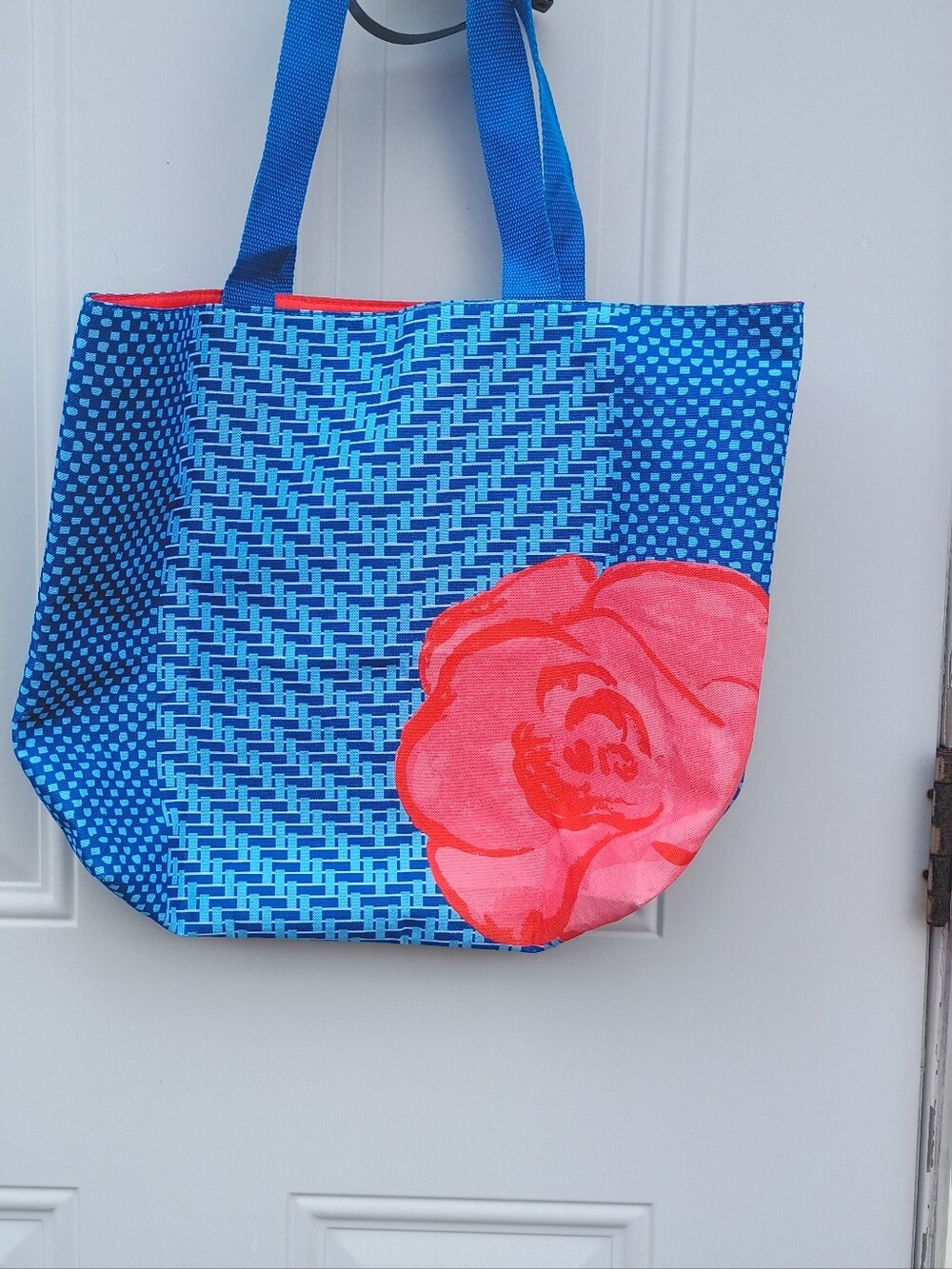 Lancome Blue Floral Tote Bag with Pink Rose Accent